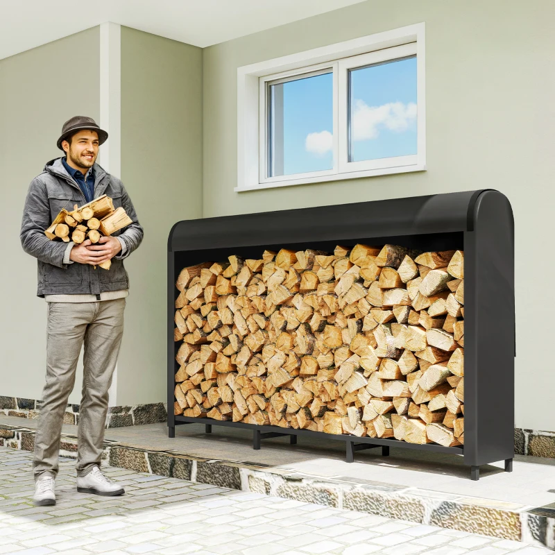 Outsunny Firewood Rack Metal 199 x 30 x 121 cm Firewood Rack 0.6 m³ with Waterproof Cover up to 300 kg
