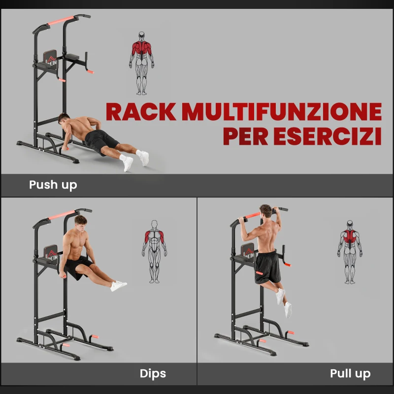 HOMCOM Barra per Trazioni Power Tower Stazione Fitness Multifunzione Regolabile 189-239cm in Acciaio Nero Rosso