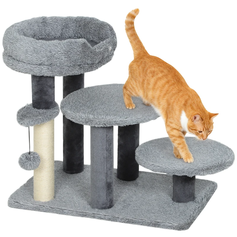 PawHut Arbre à griffer et escalier pour chat, base large, tissu en peluche, poteau à griffer en sisal, gris