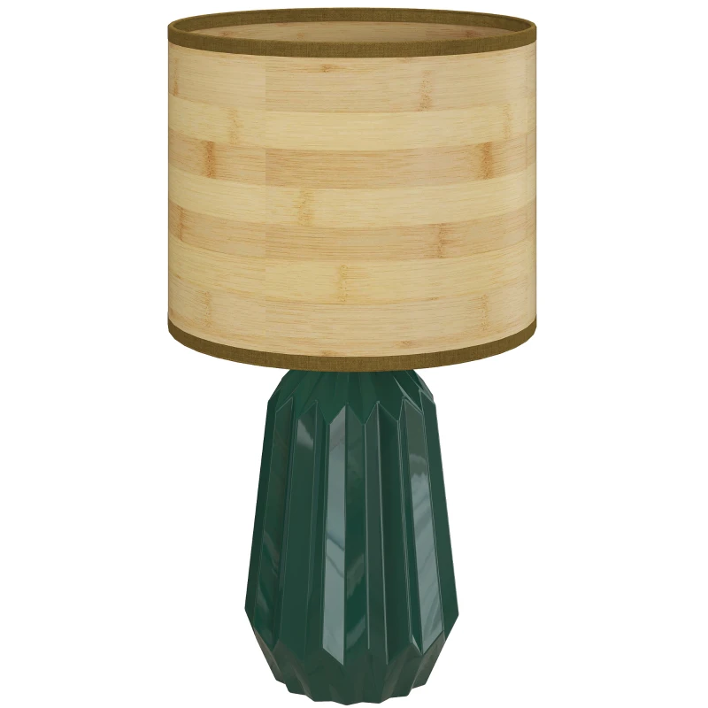 HOMCOM Lámpara de Mesa con Base de Cerámica y Pantalla de Lino Estilo Retro para Dormitorio 40W Verde y Madera Natural