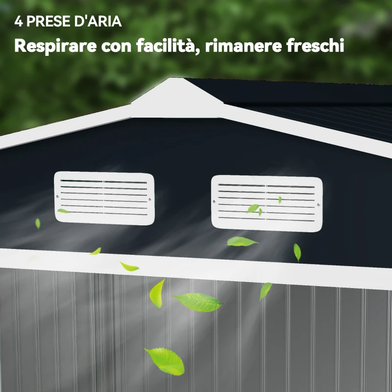 Outsunny Casetta in Acciaio con Fondazione, 4 Prese d'Aria e 2 Porte Scorrevoli, 277x195x192 cm, Grigio Scuro