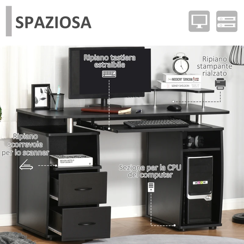 HOMCOM Scrivania per Computer Moderna Porta PC, Scrivania da Ufficio in Legno con Cassetti, Mensola Estraibile e Porta Tastiera, 120x55x85cm, Nero