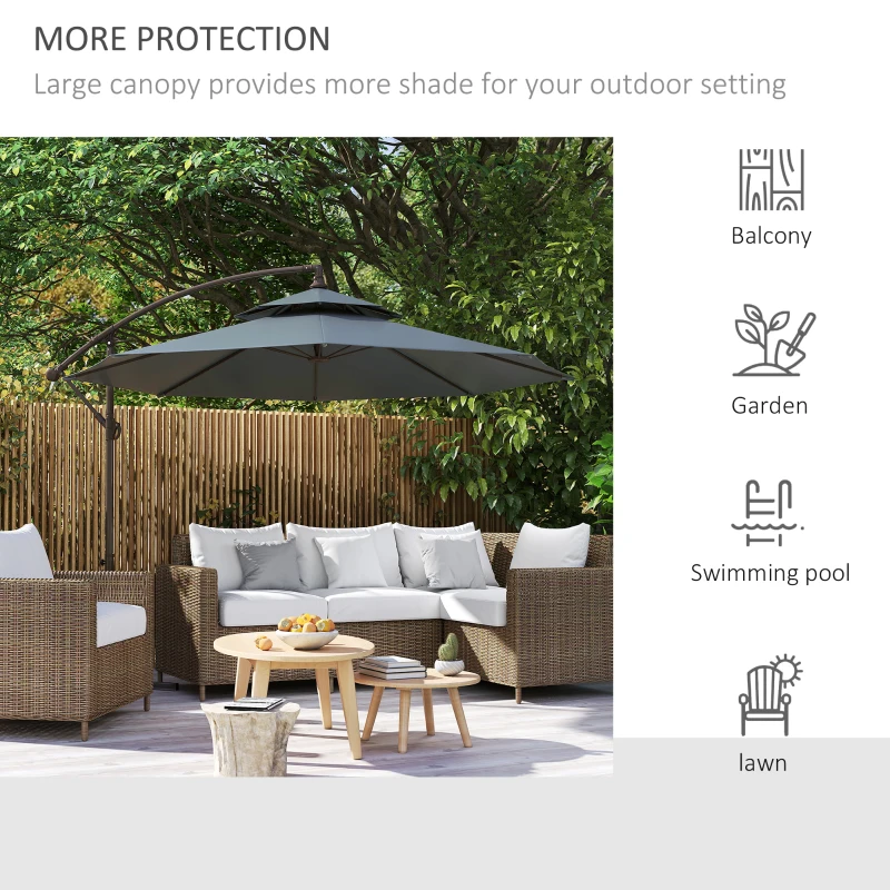 Outsunny 2.7m Garden Banana Parasol Cantilever Umbrella with Crank Handle, Double Tier Canopy and Cross Base for Outdoor, Hanging Sun Shade, Dark Grey