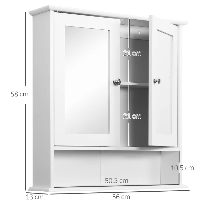 kleankin Mobiletto Armadietto a Muro con Specchio da Bagno Cucina in MDF 56 x 13 x 58cm Bianco