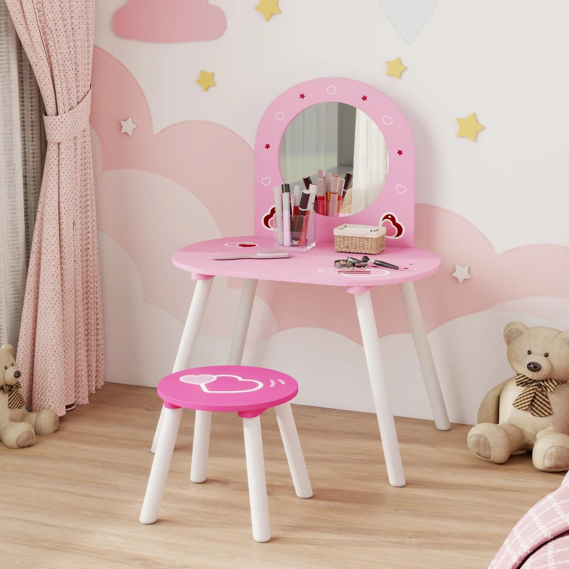 AIYAPLAY Kinderschminktisch mit Hocker und Spiegel Schminktisch für Mädchen mit Herzmotiv für Kinder 3-6 Jahre Rosa