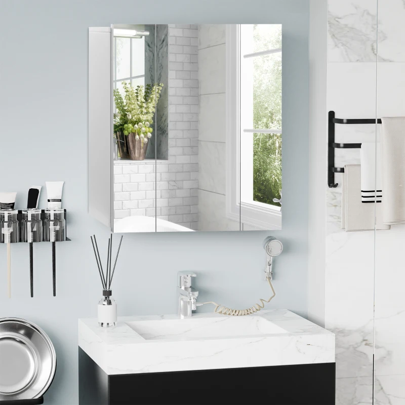 kleankin Armoire murale de salle de bain avec 3 portes miroir et étagères réglables en MDF Blanc dim. 70L x 15l x 60H cm