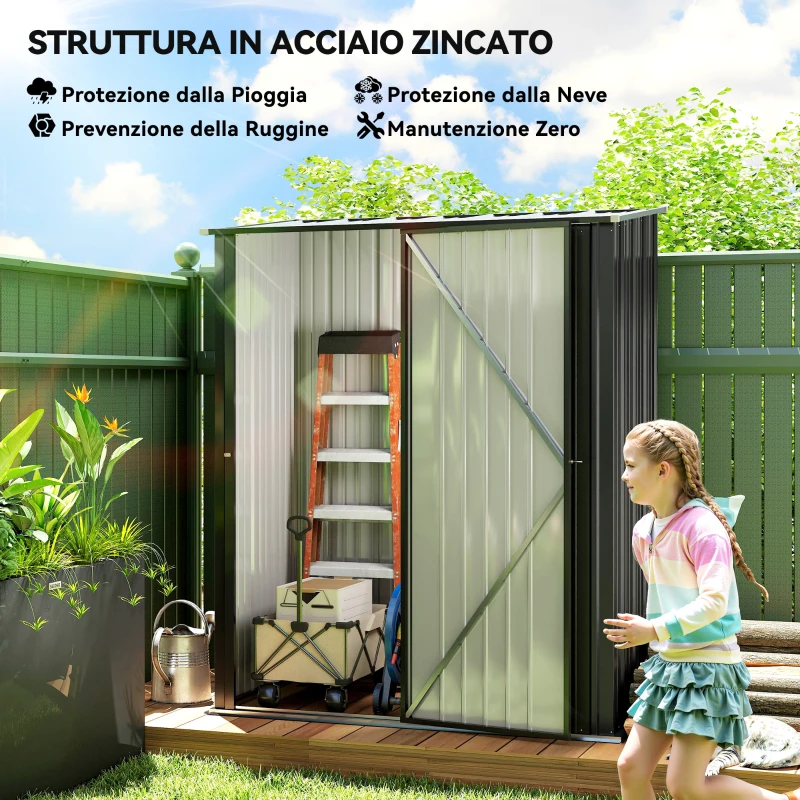 Outsunny Casetta da Giardino Porta Utensili in Lamiera Acciaio con Serratura, 161.5x94.5x196cm, Nero