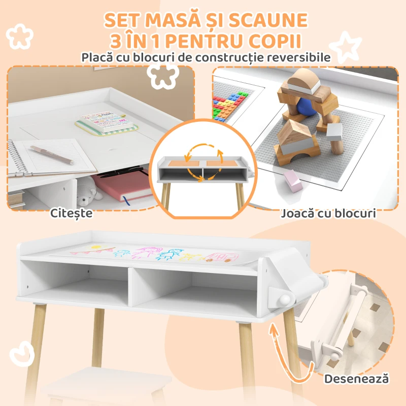 HOMCOM Set de Masă și Scaun pentru Copii, Masă de Activități pentru Copii Mici 3 în 1 cu Tablă de Construcție, 87x45x59.5 cm, Alb(m-4)
