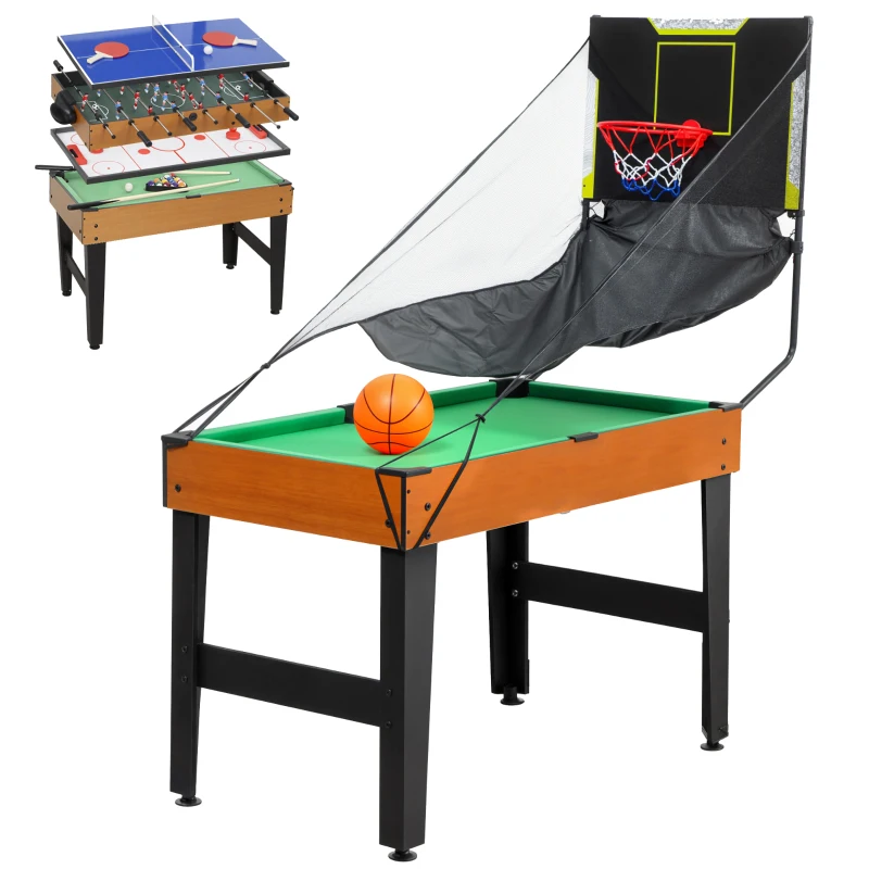 SPORTNOW Tavolo multigioco 5-in-1, 53 accessori, funzione calcio balilla, hockey da tavolo, ping-pong, biliardo e basket, Noce