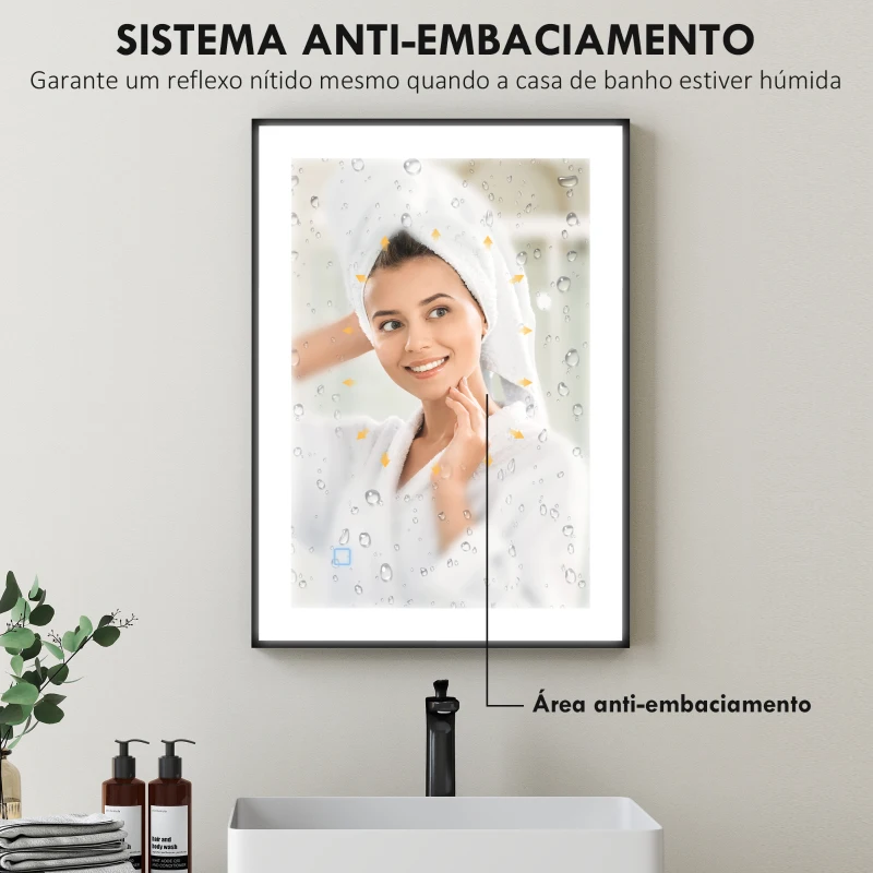 HOMCOM Espelho Casa de Banho com Luz LED 70x50 cm Iluminação Ajustável Função Anti-Embaciamento Função Memória  Preto