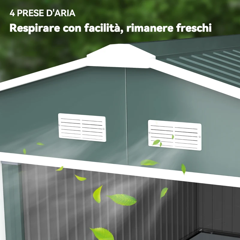 Outsunny Casetta da Giardino con 2 Porte Scorrevoli e 4 Prese d'Aria in Acciaio, 340x386x200cm, Verde