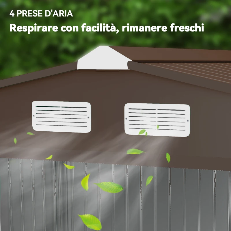 Outsunny Capanno per Attrezzi 4.9m² con Fondazione, 4 Prese d'Aria e 2 Porte Scorrevoli in Acciaio, 277x195x192cm, Giallo