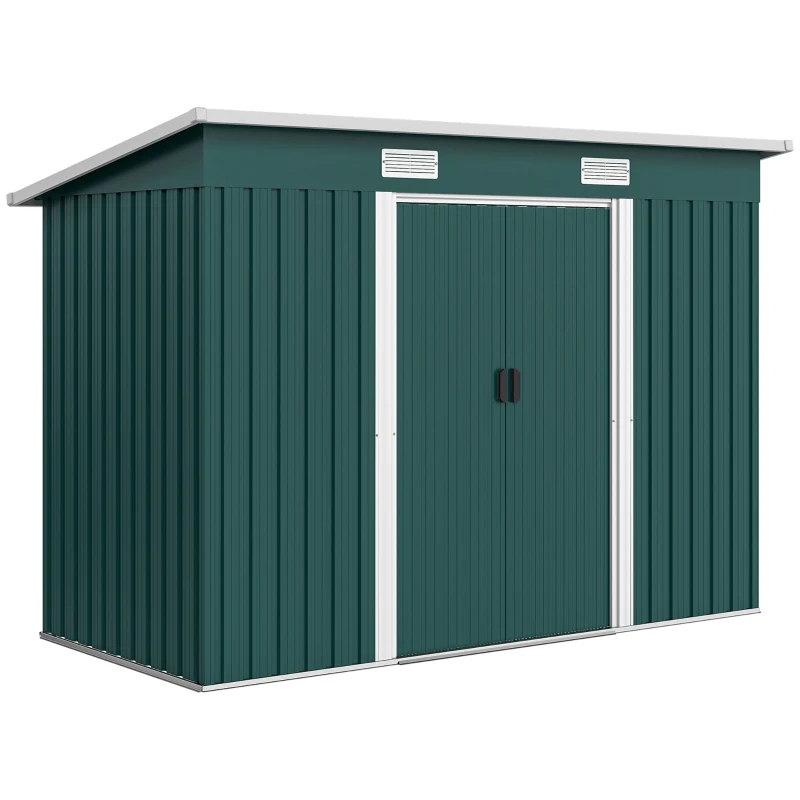 Outsunny Capanno da Giardino con 2 Porte Scorrevoli e Tetto Inclinato in Lamiera d'Acciaio, 261x133x182cm, Verde