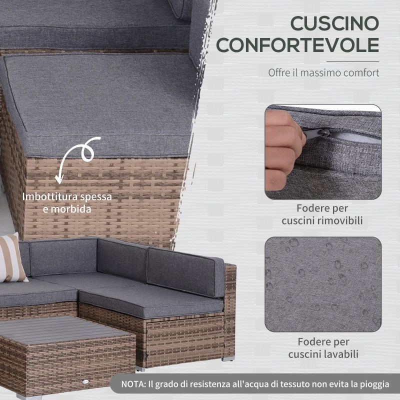 Outsunny Salotto da Giardino in Rattan da 7 Pezzi con Tavolino e Divano Modulabile con Cuscini, Grigio