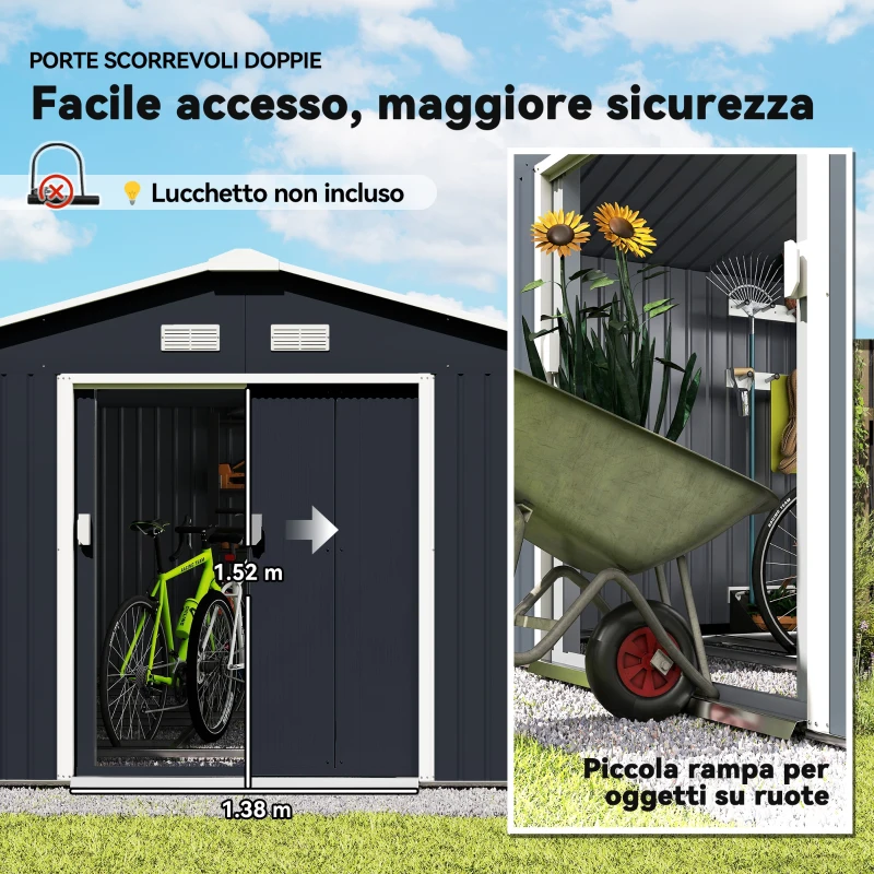 Outsunny Casetta da Giardino 12.4m² con Fondazione, 4 Prese d'Aria e 2 Porte Scorrevoli, Capanno Porta Attrezzi in Lamiera d'Acciaio, 340x386x200 cm, Giallo