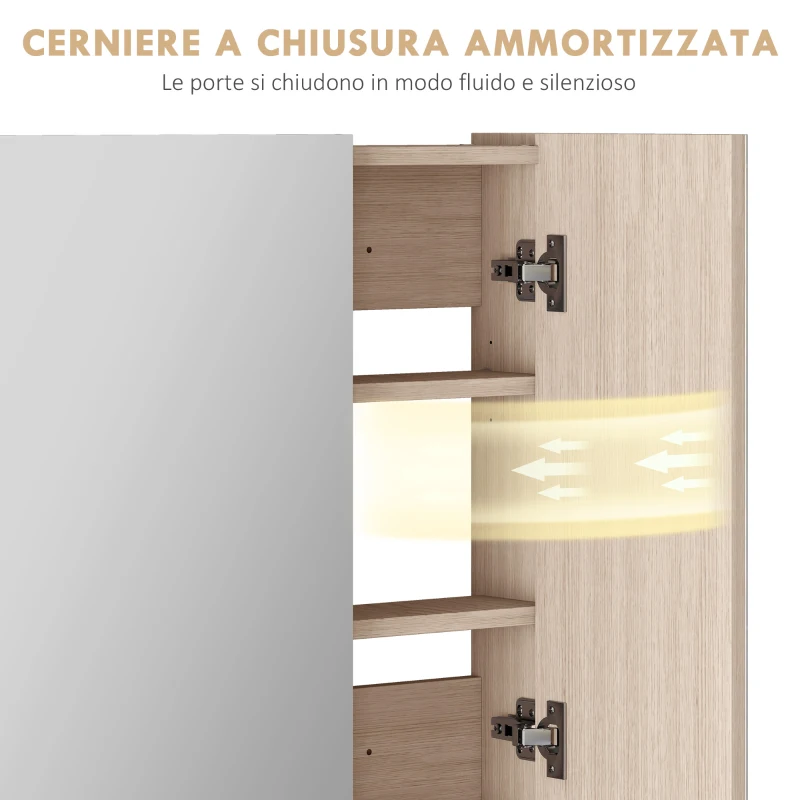 kleankin Specchio Bagno Contenitore con 3 Ante a Specchio Soft Close, Specchiera Bagno con Ripiani Regolabili in Legno e Vetro, 90x13.5x60 cm, Color Legno
