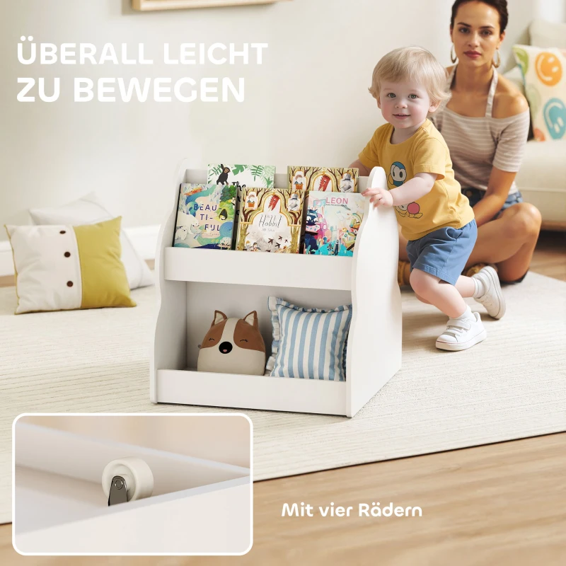 AIYAPLAY Kinderrek, 2-laags kinderboekenrek met wielen, 4 planken, voor kinderkamer, speelkamer, 54x50x56 cm, Wit