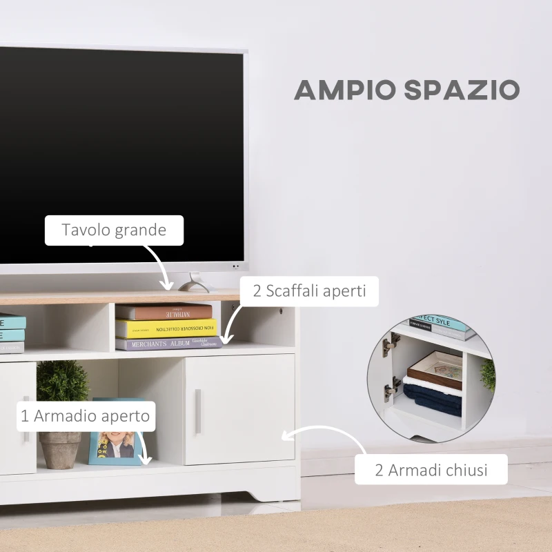 HOMCOM Mobile TV con 3 Scomparti Aperti, 2 Armadietti e Piano d'Appoggio, Mobile per TV fino a 50", in Truciolato, 105x40x52cm, Bianco e Legno