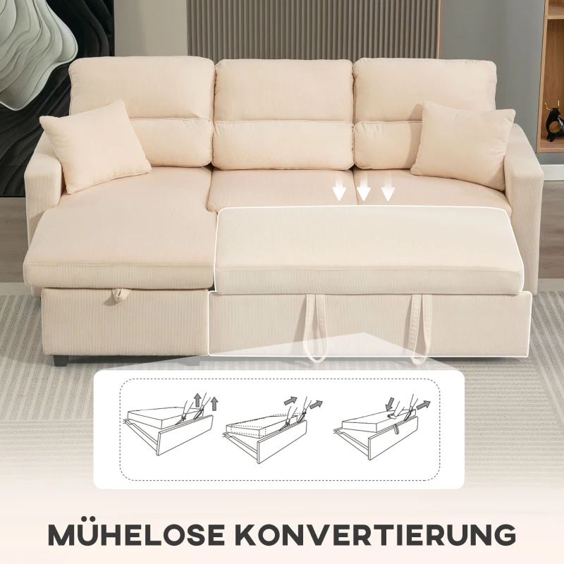 HOMCOM Verstelbare slaapbank, L-vormige gastslaapbank met slaapfunctie, opbergruimte, kussens, voor woonkamer, logeerkamer, Beige(m-5)