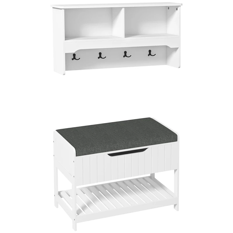 HOMCOM Mobila Cuier de Perete cu Banca Suport pentru Pantofi Dotata cu Cuburi de Perete, 4 Carlige si Raft Retractabil, 80x20x40 cm, Alb(m-1)