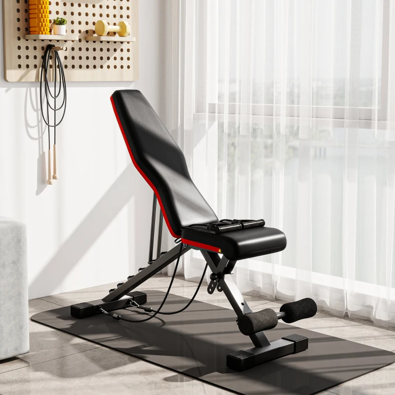 HOMCOM Panca Multifunzione per Addominali e Pesi, Inclinazione Regolabile ed Elastici, 130x48x48-109cm, Nero