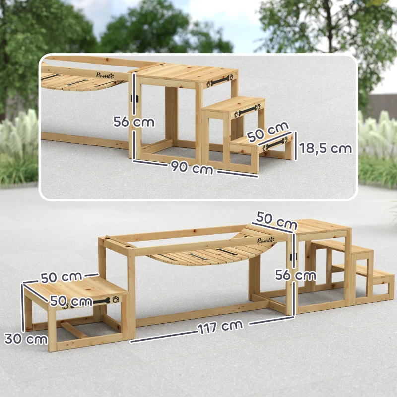 PawHut Agility-Set für Hunde, Hundetrainings-Konstruktion mit Brücke, Treppe, Plattform, Tannenholz, für große Hunde bis 40 kg(m-3)