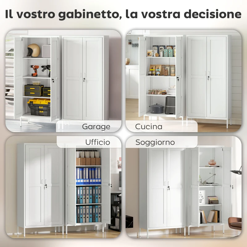 HOMCOM Armadio per Ufficio in Acciaio a 3 Ripiani Regolabili con Serratura e 2 Chiavi, 80x40x175 cm, Bianco