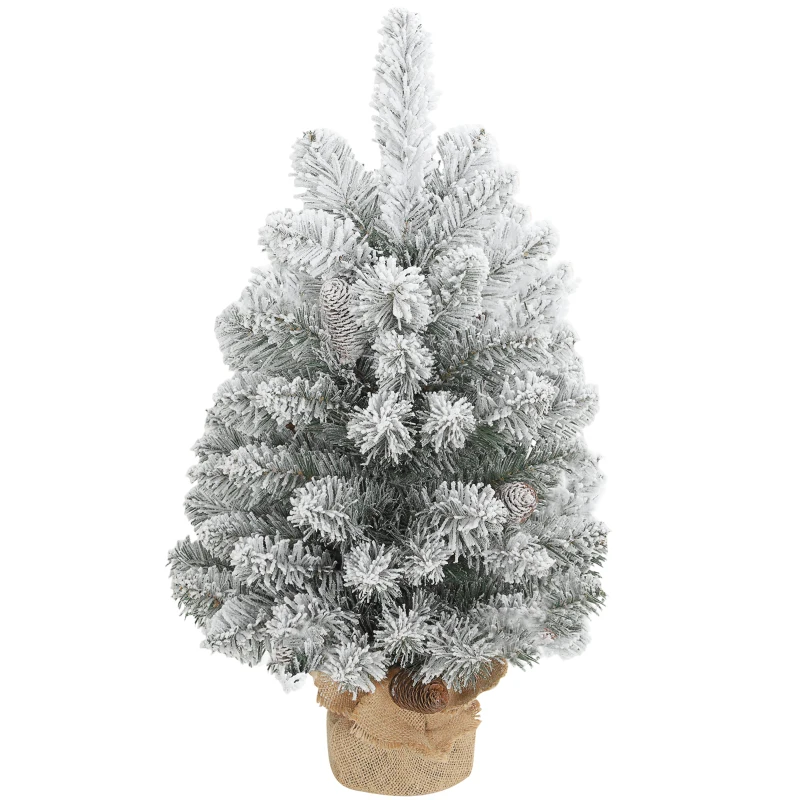 HOMCOM Mini Kunstkerstboom 60 cm, nepspar met sneeuw, 72 takken, 6 dennenappels, cementvoet