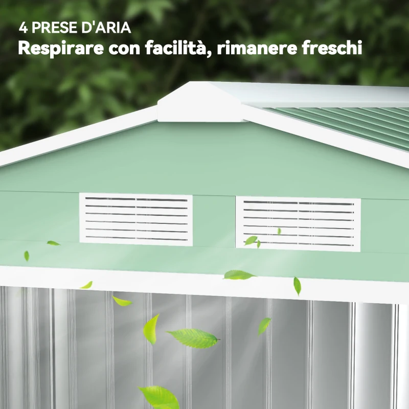 Outsunny Casetta da Giardino in Lamiera di Acciaio con Porte Scorrevoli, 213x130x185cm, Verde Chiaro