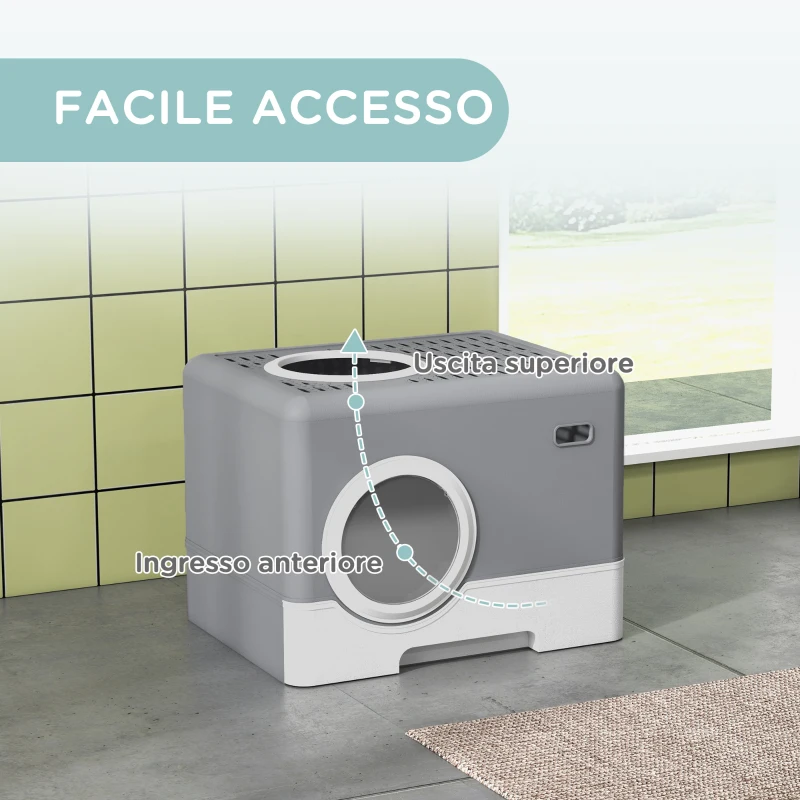 PawHut Lettiera per Gatti con Coperchio e Paletta, Doppio Ingresso e Vassoio Estraibile, 52x41x38.5 cm, Grigio