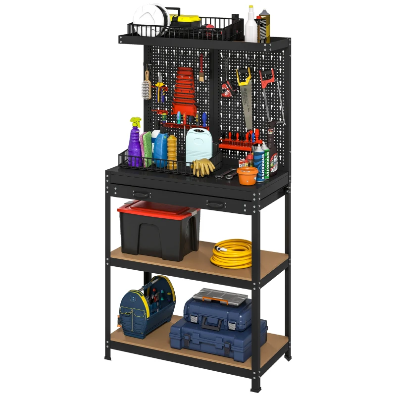 HOMCOM Établi d'atelier, plan de travail avec panneau perforé, 14 kits de suspension, 2 étagères et tiroir, 80x40,5x155cm, noir