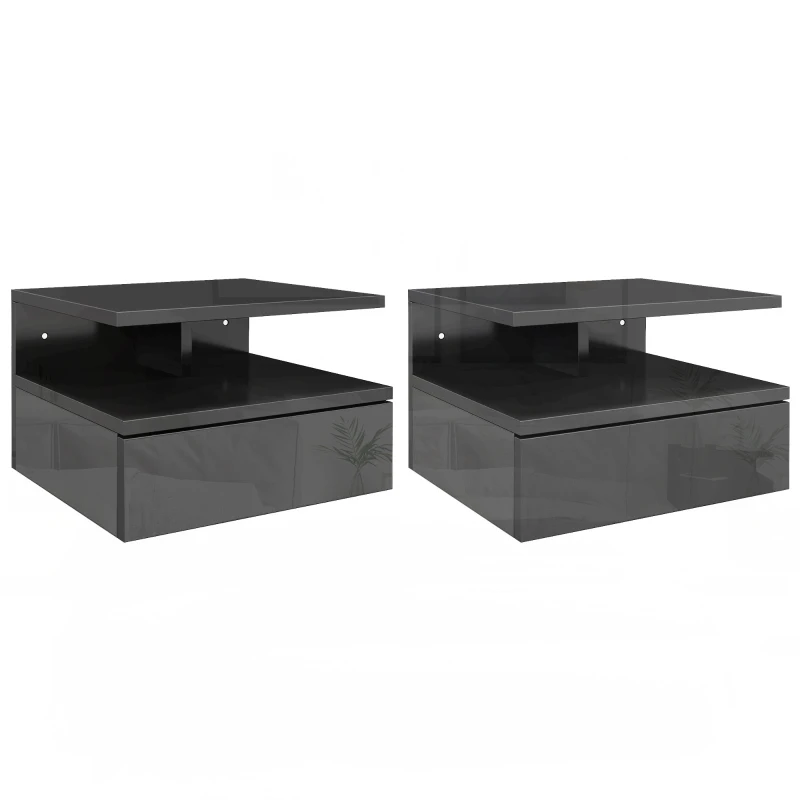 HOMCOM 2 Mesitas de Noche Flotantes con 1 Cajón y Estante Abierto Diseño Moderno 35x32x22,5 cm Negro Brillo