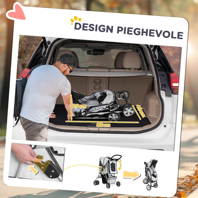 PawHut Passeggino per Cani Pieghevole in Tessuto con Cestino e Portabicchieri, 75x45x97cm - Grigio