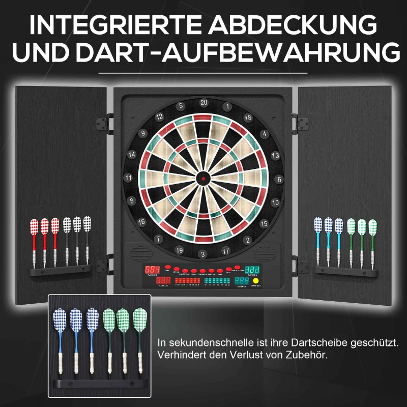 HOMCOM Elektronische Dart-set mit Tür Dartboard Dartscheibe mit automatischer Wertung Soundeffekte 12 Darts 27 Spiele und 202 Trefferoptionen für 8 Spieler 57 x 51 x 6,5 cm