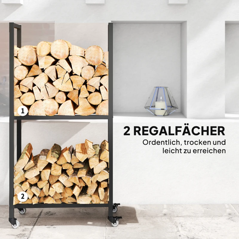 Outsunny Regał na drewno kominkowe do wnętrz Stal 60 x 30 x 119cm 2 poziomy z kółkami Czarny