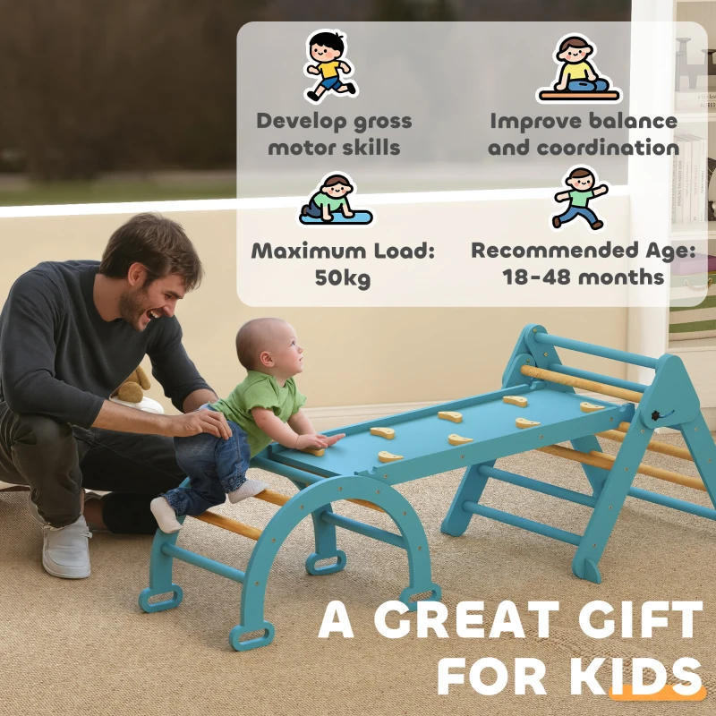 AIYAPLAY 7 en 1 faltbares Montessori Kletterdreieck aus Holz mit Bogen und Rampe für Kinder 18-48 Monate 188x70 cm Blau