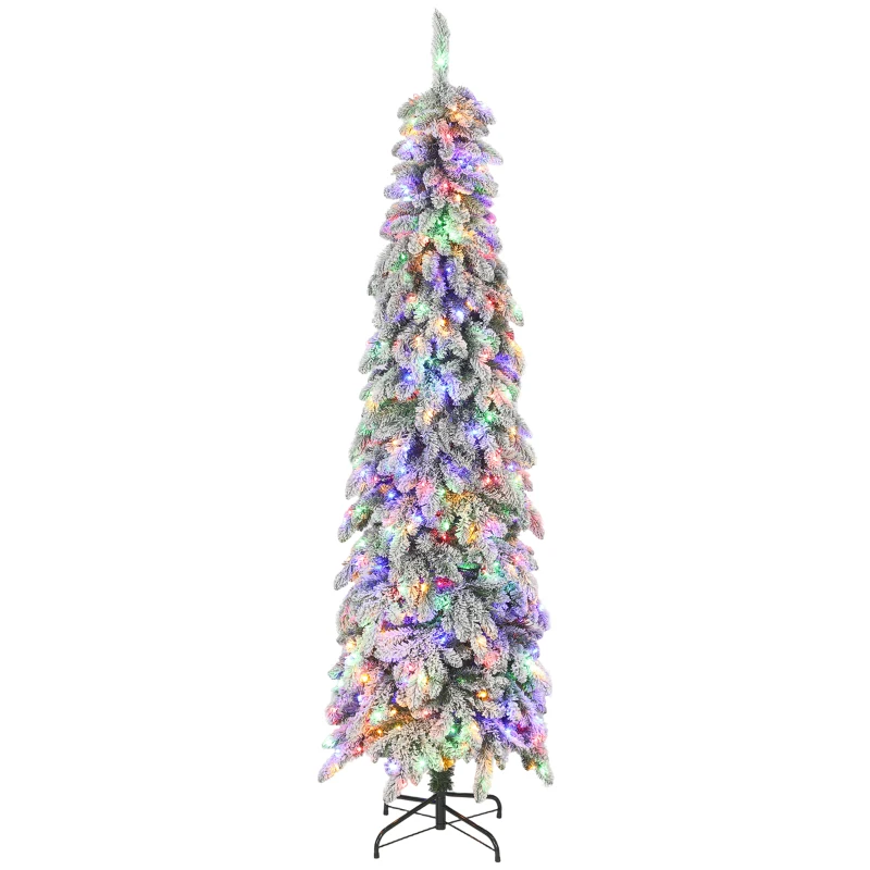 HOMCOM Árvore de Natal Estreita 225 cm Árvore de Natal Nevada com Luzes LED Temporizador 11 Modos de Iluminação Verde
