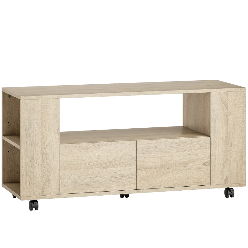 HOMCOM Mueble de TV con Ruedas para Televisión hasta 42 Pulgadas con 2 Cajones Estantes Ajustables Madera Natural