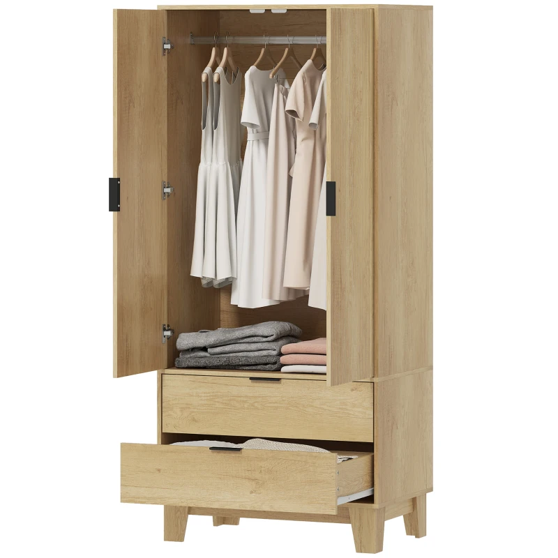 HOMCOM Armoire chambre penderie avec 2 portes à fermeture douce, 2 tiroirs et barre de suspension, 80x50x180cm, bois naturel
