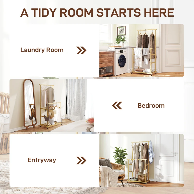 HOMCOM Stender Appendiabiti con 2 Barre, Ripiano Inferiore e 4 Ruote in Bambù, 80x40x160 cm, Legno Naturale