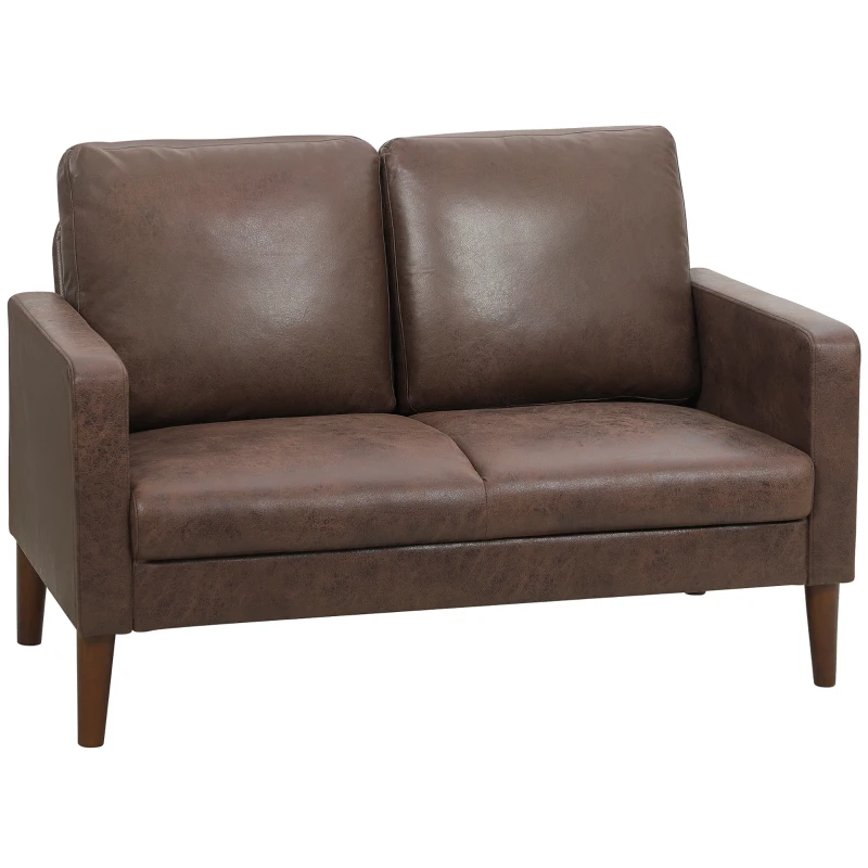 HOMCOM Divano 2 Posti Moderno con Rivestimento in Tessuto Effetto Pelle Traspirante e Gambe in Legno, 130x78x85 cm, Marrone Scuro