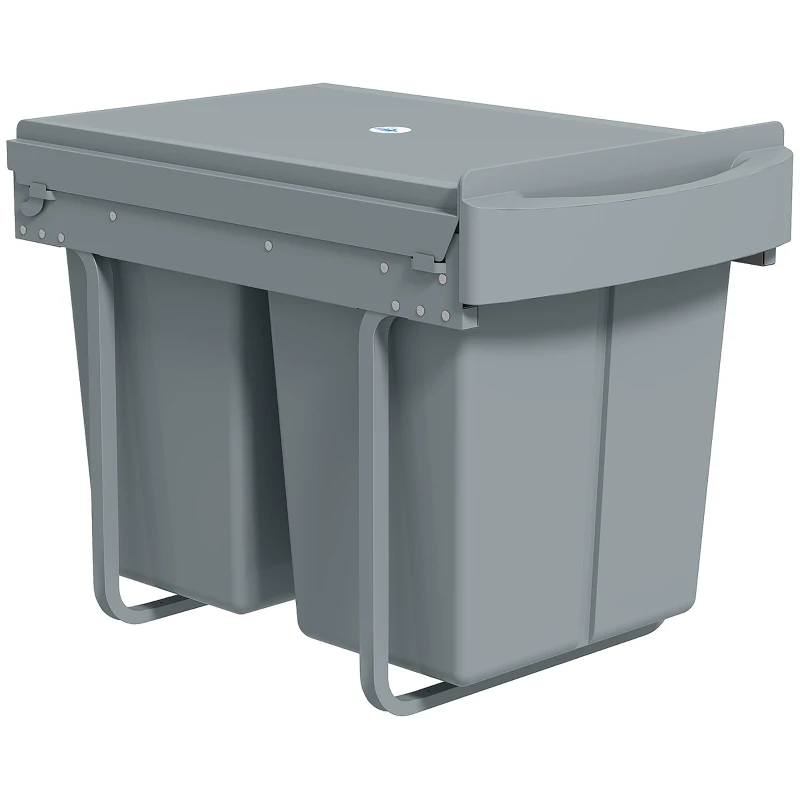 HOMCOM Ausziehbarer Mülleimer, 2 x 20 L, entnehmbare Behälter, Kunststoff, Metall, Grau