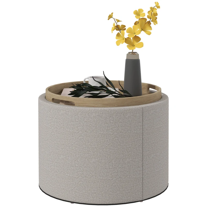 HOMCOM Tabouret Pouf rembourré, Lin, rangement dissimulé, couvercle réversible, 56cm x 56 cm x 42 cm, Gris clair + Naturel