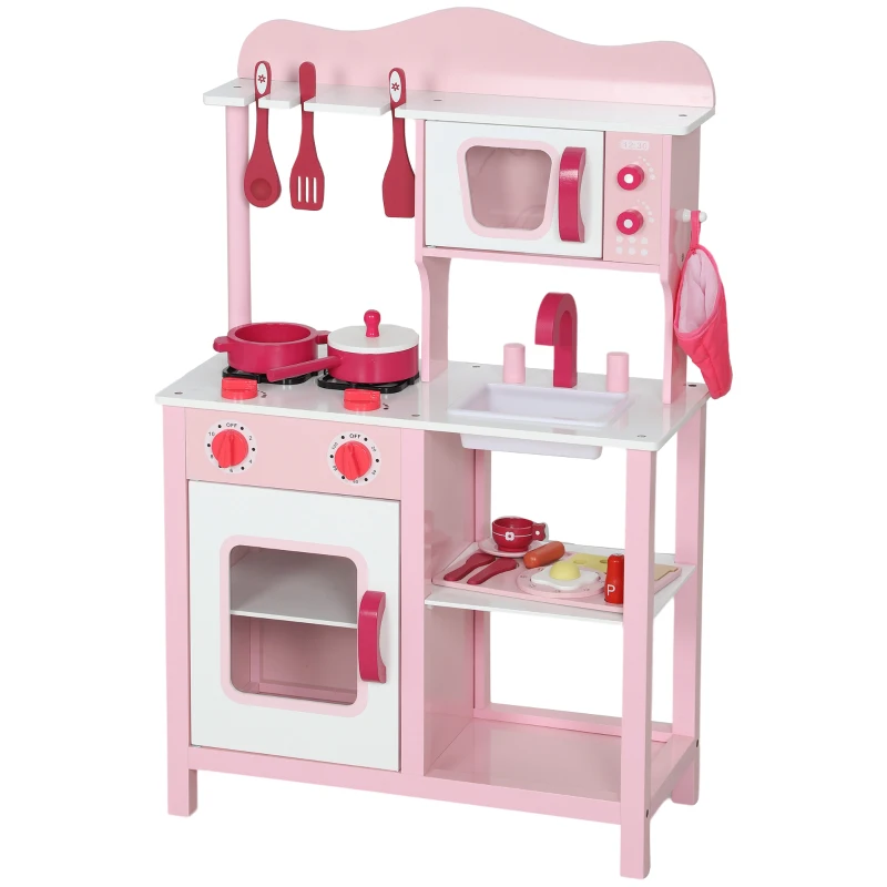 AIYAPLAY Cucina Giocattolo per Bambini 3+ Anni con Microonde, Piano Cottura e Lavandino, in Legno, 55x24x86 cm, Rosa