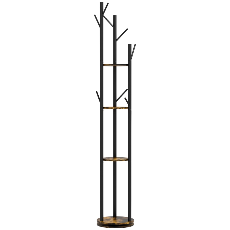 HOMCOM Suport Haine, Rotativ, Cuier Industrial cu 4 Rafturi și 8 Cârlige pentru Hol, Dormitor, Living, 30x30x175 cm, Maro Rustic