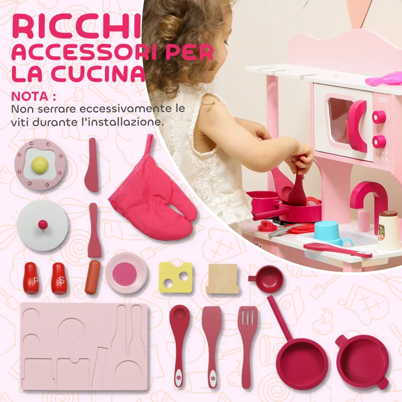 AIYAPLAY Cucina Giocattolo per Bambini 3+ Anni con Microonde, Piano Cottura e Lavandino, in Legno, 55x24x86 cm, Rosa