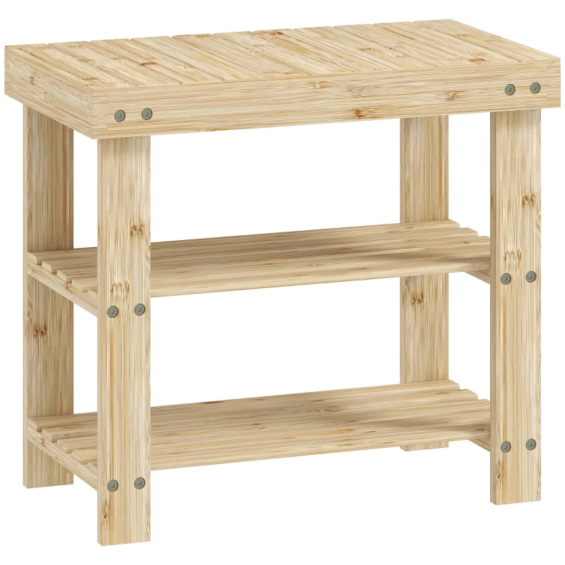 HOMCOM 3-Tier Bamboo Shoe Storage Bench - Nature Wood Finish