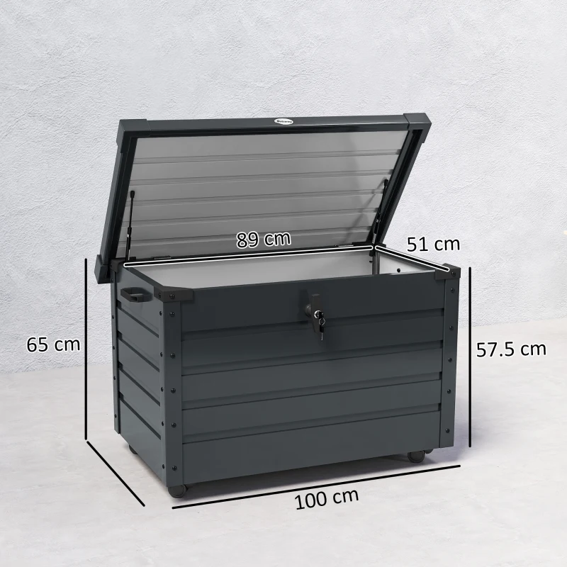 Outsunny Ladă de Grădină de 295L cu Încuietoare, 2 Mânere și 4 Rotile, Mobilier Depozitare din Oțel, 100x62x65 cm, Gri