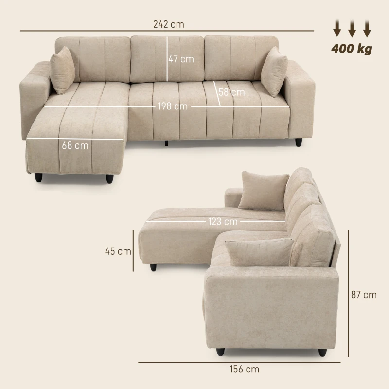HOMCOM Divano angolare reversibile, 3 posti con penisola, 2 cuscini, struttura in acciaio, 242x156x87cm, Beige
