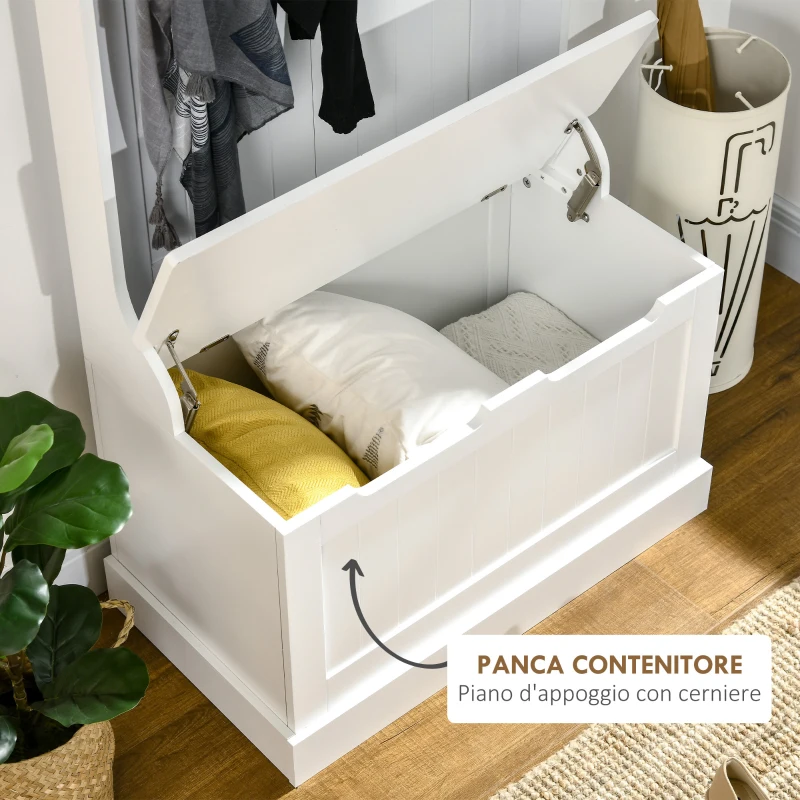 HOMCOM Appendiabiti da Terra Moderno 3 in 1 con 4 Ganci, Panca Contenitore e Attaccapanni, Salvaspazio Mobile da Ingresso, Corridoio, Camera da Letto in Legno, 71.5x39.5x170 cm, Bianco